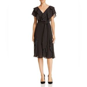 ALICE + OLIVIA Tessa PinStriped Black Ruffle Godet Midi Dress 0